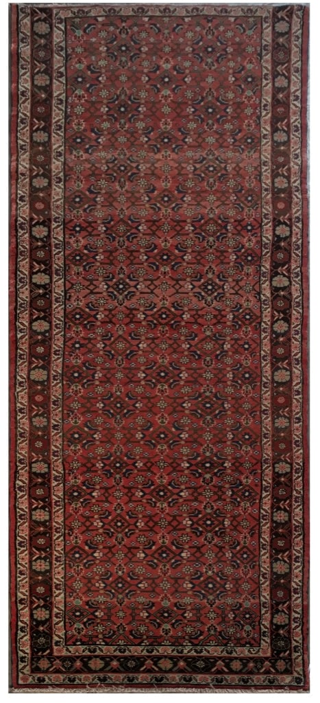 Handcrafted 3'2" x 10'6" Persian Hamadan Runner Rug in Maroon: Handcrafted 3'2" x 10'6" Persian Hamadan Runner Rug in Maroon Free continental US Shipping Introducing a handcrafted Persian Hamadan Runner Rug, measuring 3' 2" x 10' 6". This exquisite rug is woven b
