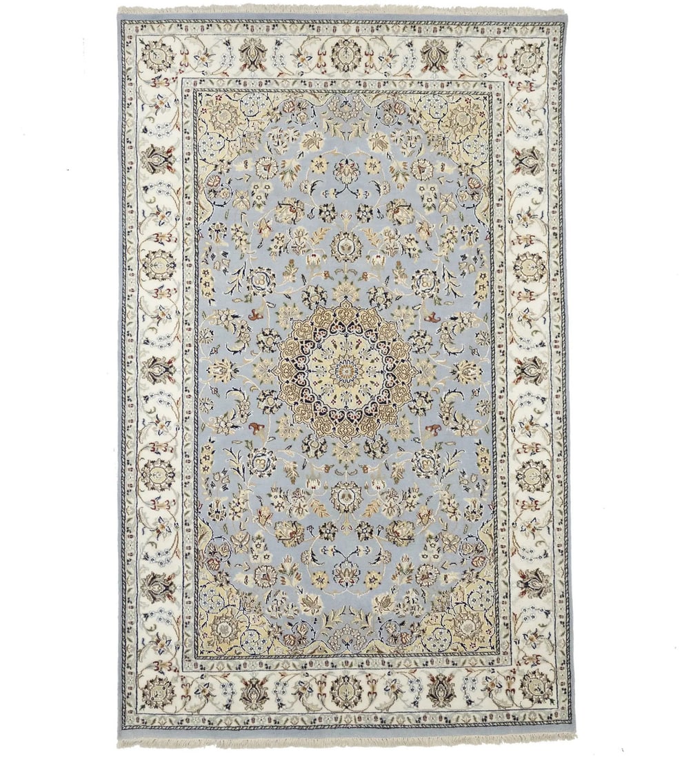 Indo-Nain Floral Medallion Blue Rug 5'1 x 8'1 Handmade Wool Silk: Indo-Nain Floral Medallion Blue Rug 5'1 x 8'1 Handmade Wool Silk Enhance your living space with this Indo-Nain Blue Oriental Rug, measuring 5'1" x 8'1". This stunning area rug features a floral medall