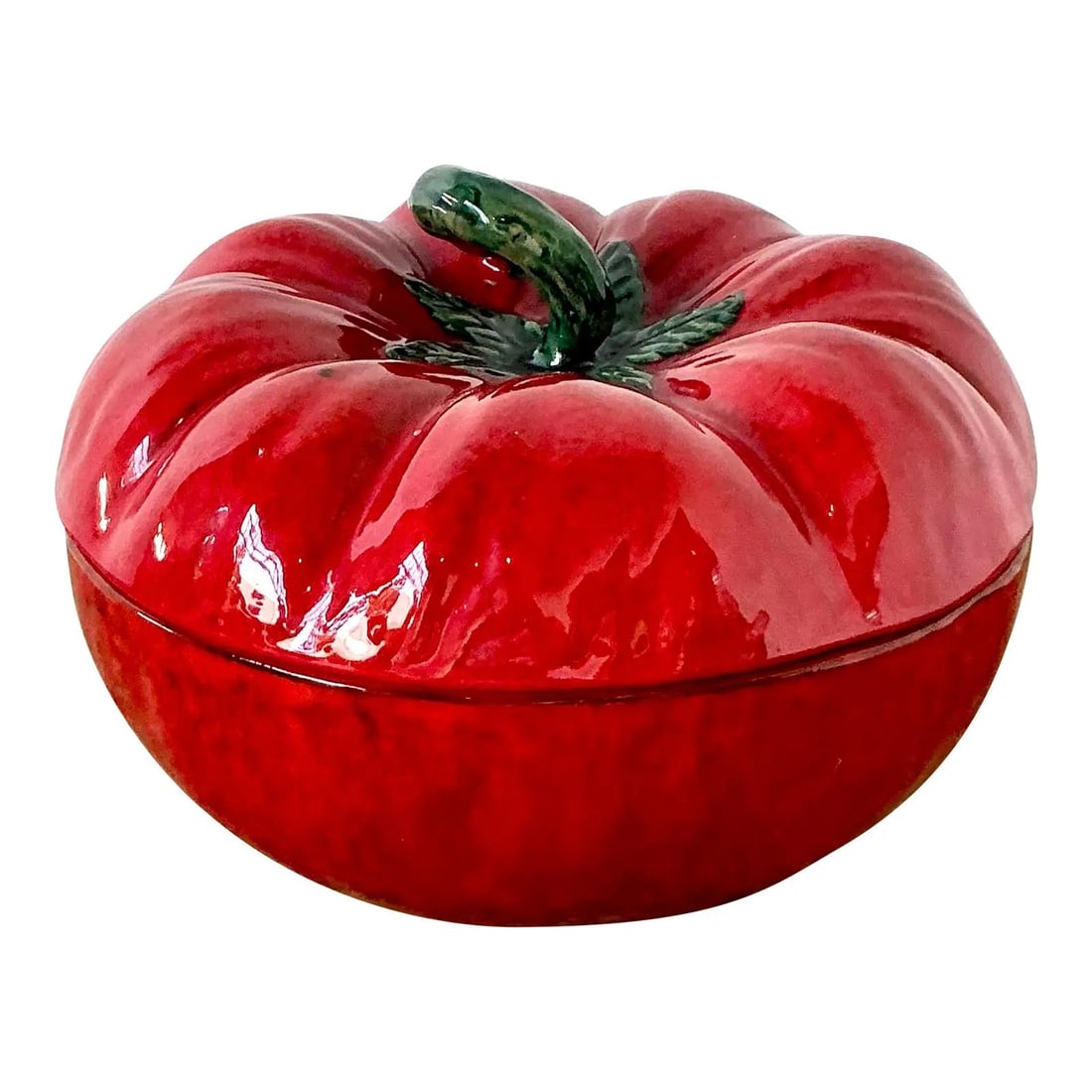 Midcentury Italian Majolica Tomato-Shaped Ceramic Tureen with Green Stem Lid (1 of 10)