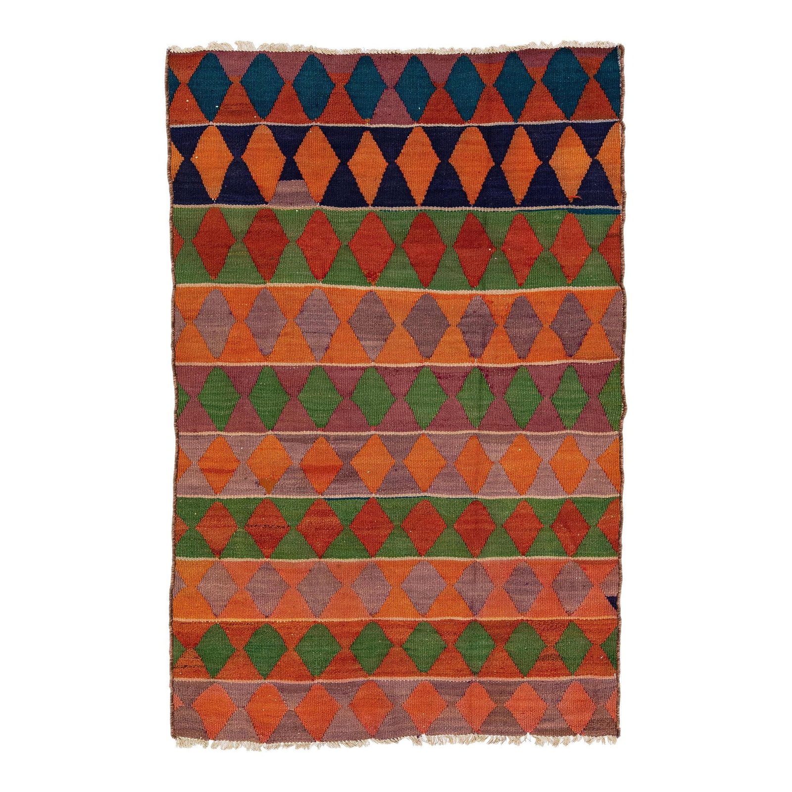 1960s Handmade Multicolor Turkish Kilim Wool Rug 4'4 x 6'9: 1960s Handmade Multicolor Turkish Kilim Wool Rug 4'4 x 6'9 Discover the charm of this vintage Turkish Kilim rug, meticulously hand-knotted from high-quality wool. Featuring a vibrant green field, this