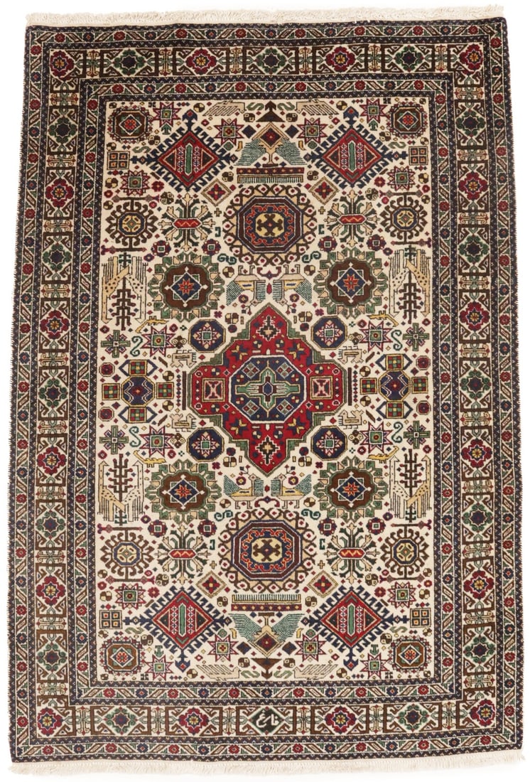 Vintage Cream Wool Tribal Area Rug 4'4 x 6'4 Hand-Knotted Carpet: Vintage Cream Wool Tribal Area Rug 4'4 x 6'4 Hand-Knotted Carpet This antique hand-knotted Oriental rug features a cream base with a vibrant tribal pictorial design in shades of brown, green, blue, re