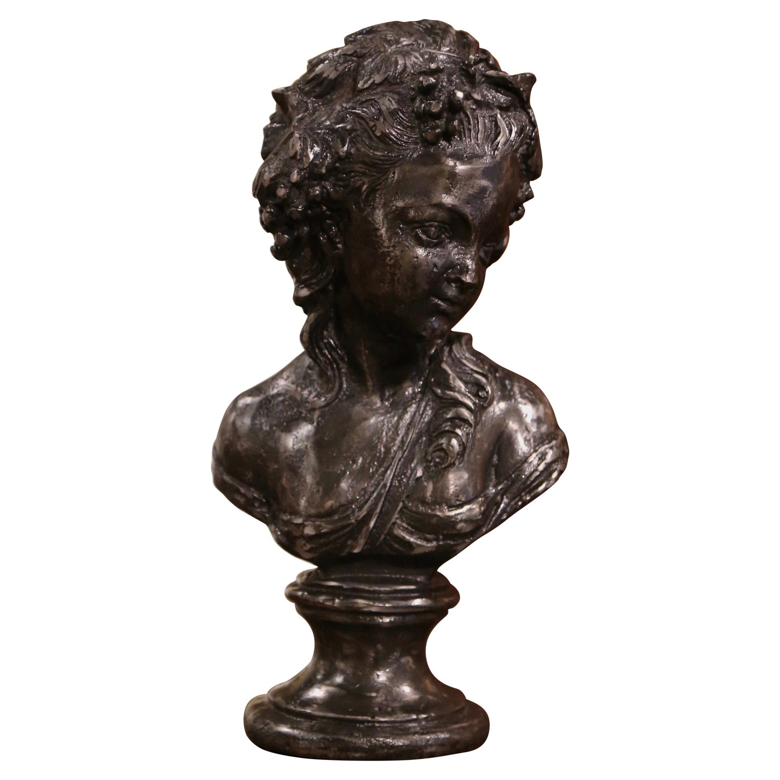 French Iron Sculpture of Young Female Bacchante Circa 1970: French Iron Sculpture of Young Female Bacchante Circa 1970 This mid-century French bust features a young Bacchante, a female priestess and follower of Bacchus, the Roman god of wine. Hand-crafted in F