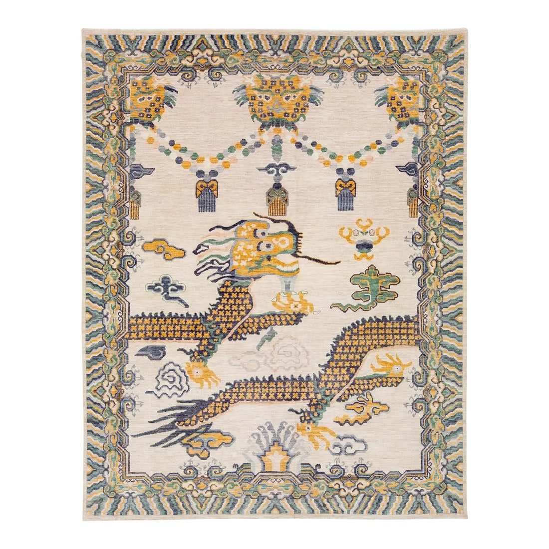Hand-knotted wool Chinoiserie rug 9'4 x 11'9 dragon cloud motif: Hand-knotted wool Chinoiserie rug 9'4 x 11'9 dragon cloud motif This hand-knotted wool rug showcases a modern take on traditional Qing Dynasty Chinoiserie motifs. Featuring a dynamic dragon soaring am