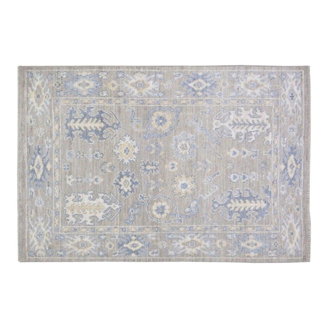 Stone Gray Wool Oushak Rug Hand Knotted 4'x6'2" Turkish Design: Stone Gray Wool Oushak Rug Hand Knotted 4'x6'2" Turkish Design This Turkish Oushak rug is hand-knotted from wool using traditional techniques that showcase timeless craftsmanship with a modern design 