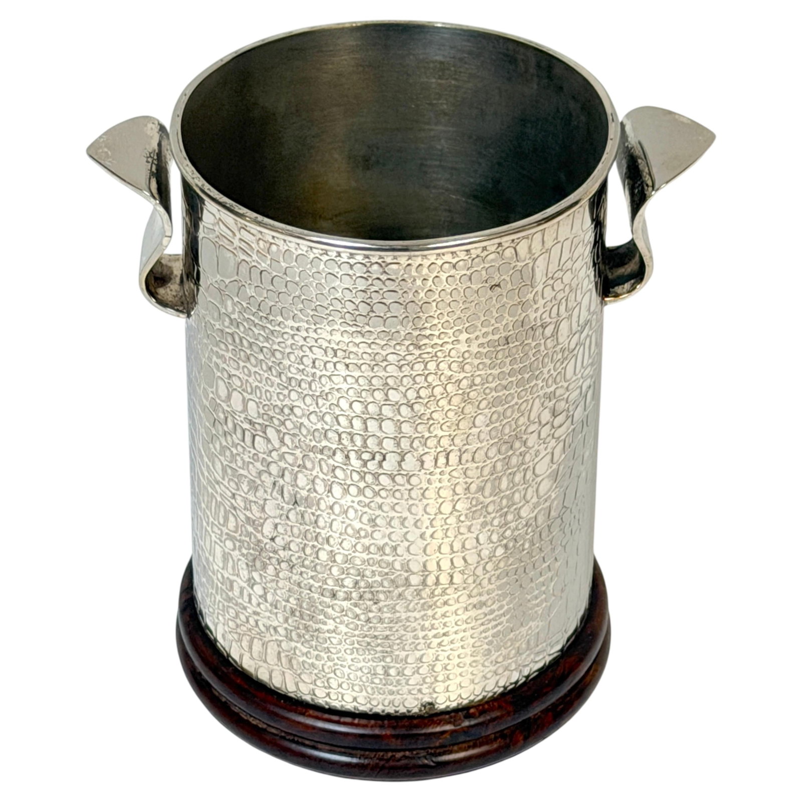 English Edwardian silver plate wine coaster with wood base alligator motif (1 of 10)