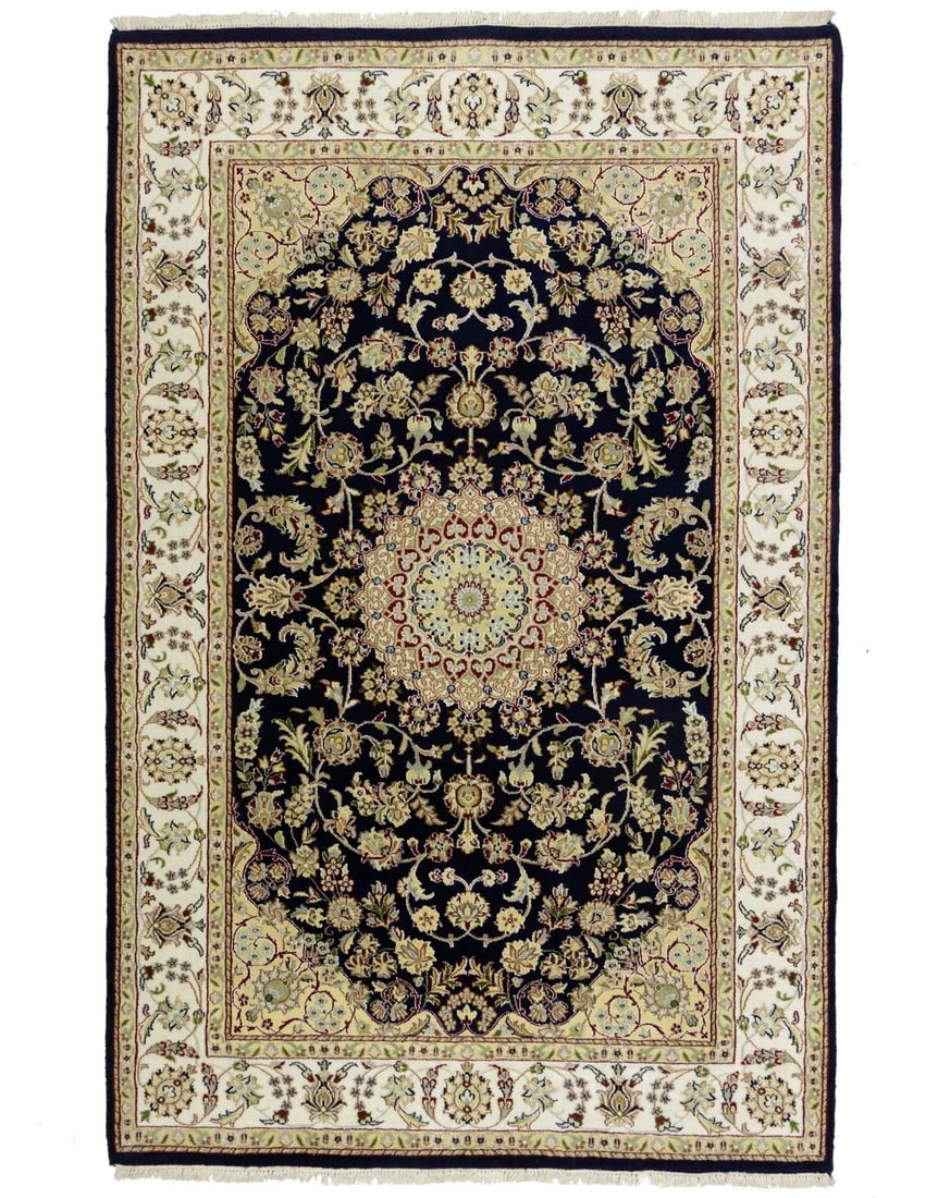 Handmade Indo-Nain Floral Area Rug 6'8 x 10'3 Wool Silk Eco Friendly: Handmade Indo-Nain Floral Area Rug 6'8 x 10'3 Wool Silk Eco Friendly Enhance your living space with this stunning Handmade Indo-Nain Oriental Rug. Measuring 6'8" x 10'3", this rug features a beautiful