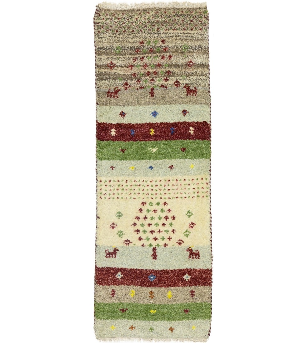 Striped Wool Area Rug 1'4 x 3'10 Hand-Knotted Modern Indo-Gabbeh: Striped Wool Area Rug 1'4 x 3'10 Hand-Knotted Modern Indo-Gabbeh This Indo-Gabbeh striped wool rug features a vibrant mix of cream, beige, rusty red, yellow, green, and brown tones in a contemporary o