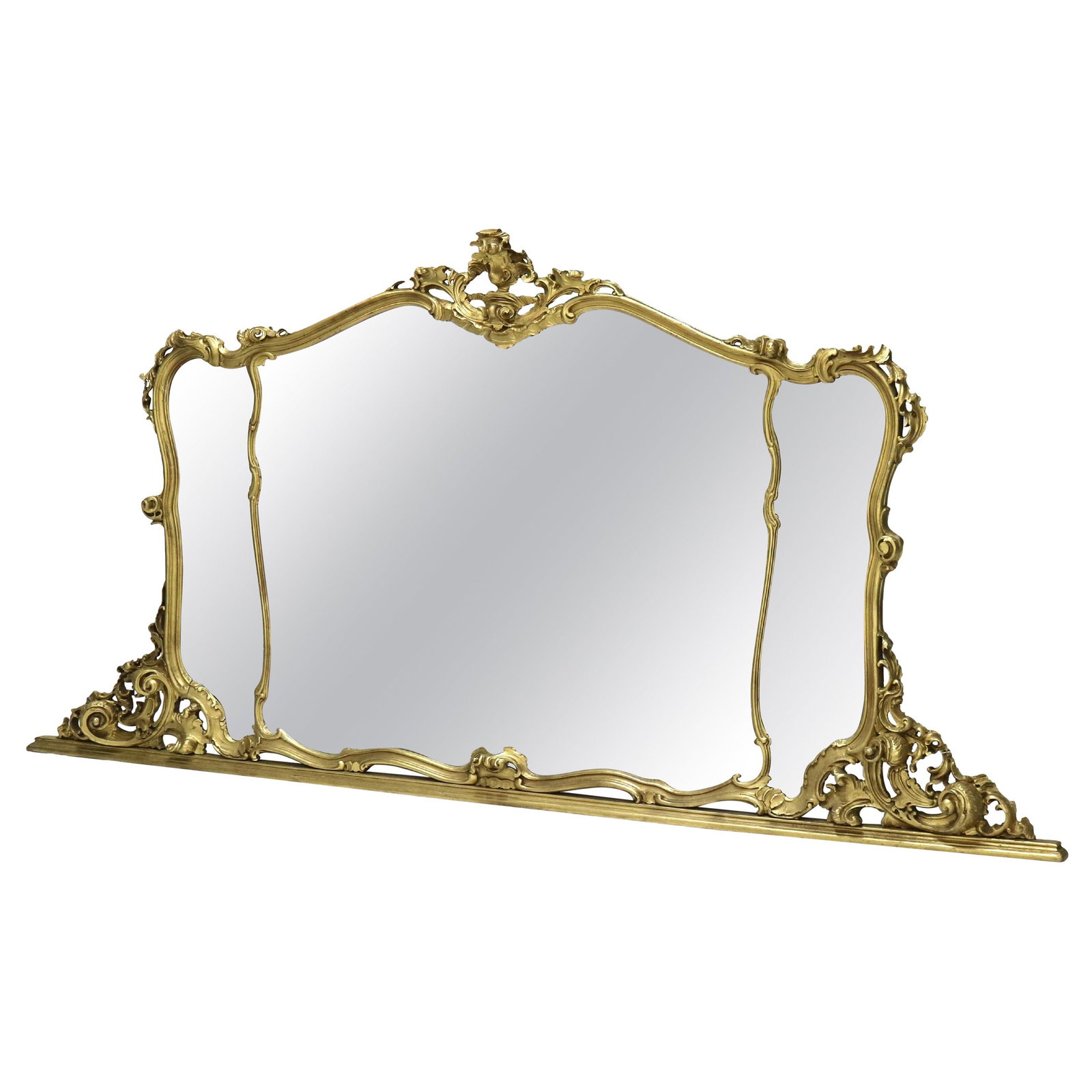 19th Century French Louis XIV Giltwood Triptych Mirror: 19th Century French Louis XIV Giltwood Triptych Mirror This stunning 19th-century French Louis XIV style giltwood triptych mirror is designed to be elegantly placed over a mantle. The mirror features 