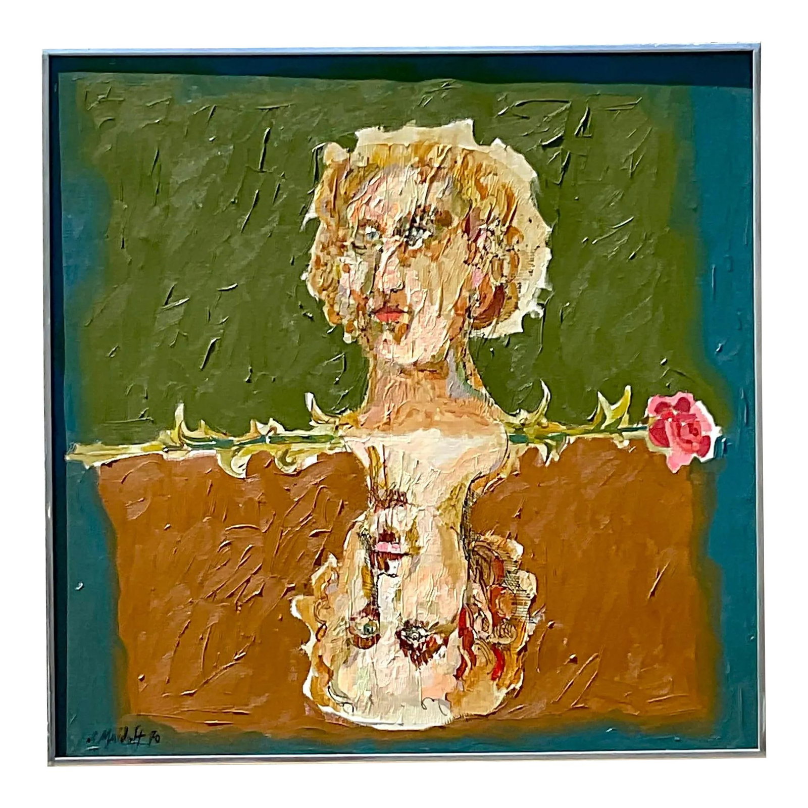 Vintage Boho Abstract Figural Oil Painting on Canvas 26 x 26 Cornflower Blue: Vintage Boho Abstract Figural Oil Painting on Canvas 26 x 26 Cornflower Blue Elevate your decor with this stunning Vintage Boho Abstract Figural Oil on Canvas painting. This piece embodies the free-sp