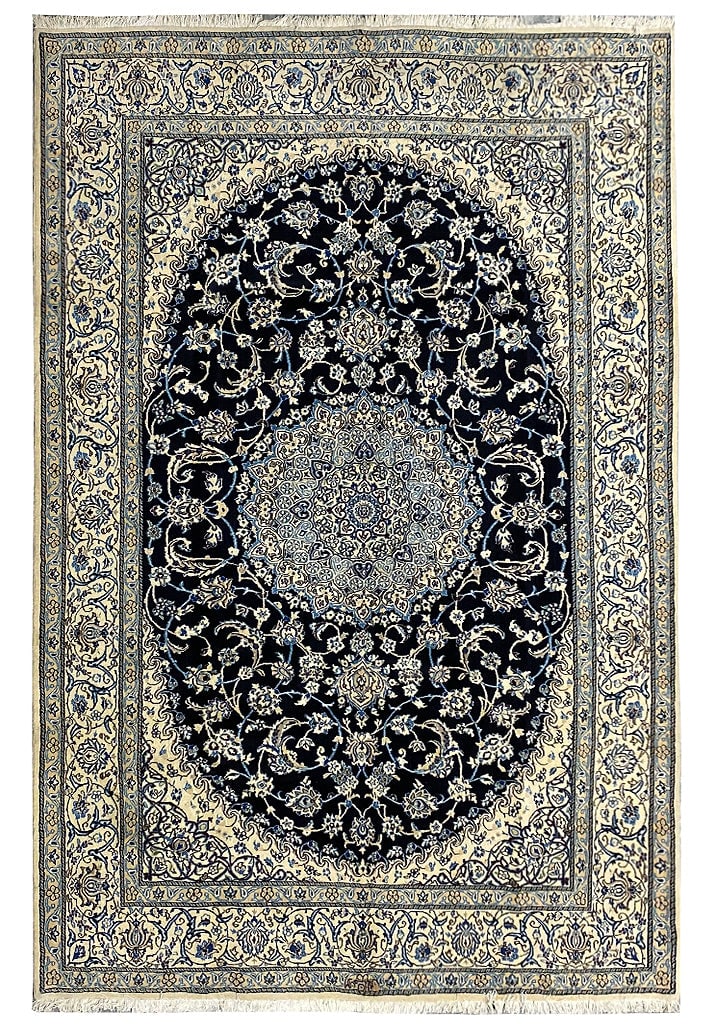 Exquisite 6.5 x 9.7 Persian Nain Rug Dark Blue Wool Silk Handwoven: Exquisite 6.5 x 9.7 Persian Nain Rug Dark Blue Wool Silk Handwoven Free continental US Shipping Enhance your living space with the timeless elegance of the Persian Nain Rug in Dark Blue, expertly craf