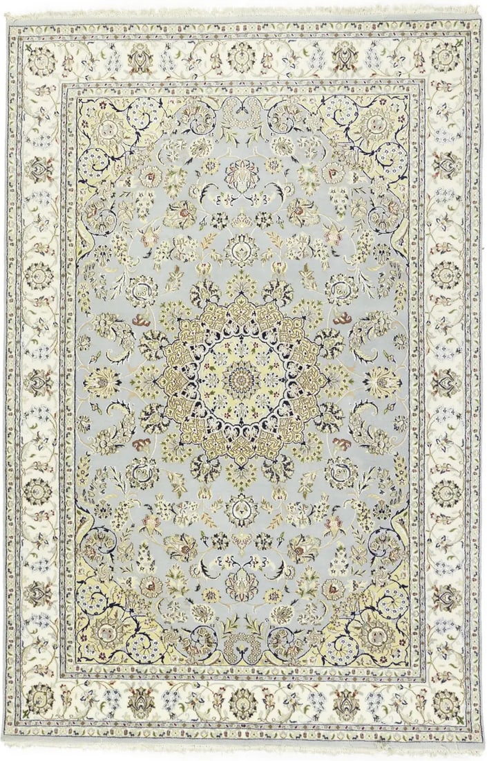 Indo-Nain Hand-Knotted Wool and Silk Area Rug 6'7 x 10' Classic Floral Pattern: Indo-Nain Hand-Knotted Wool and Silk Area Rug 6'7 x 10' Classic Floral Pattern This handmade Indo-Nain area rug features a classic floral oriental design in a harmonious palette of light blue-gray, cr