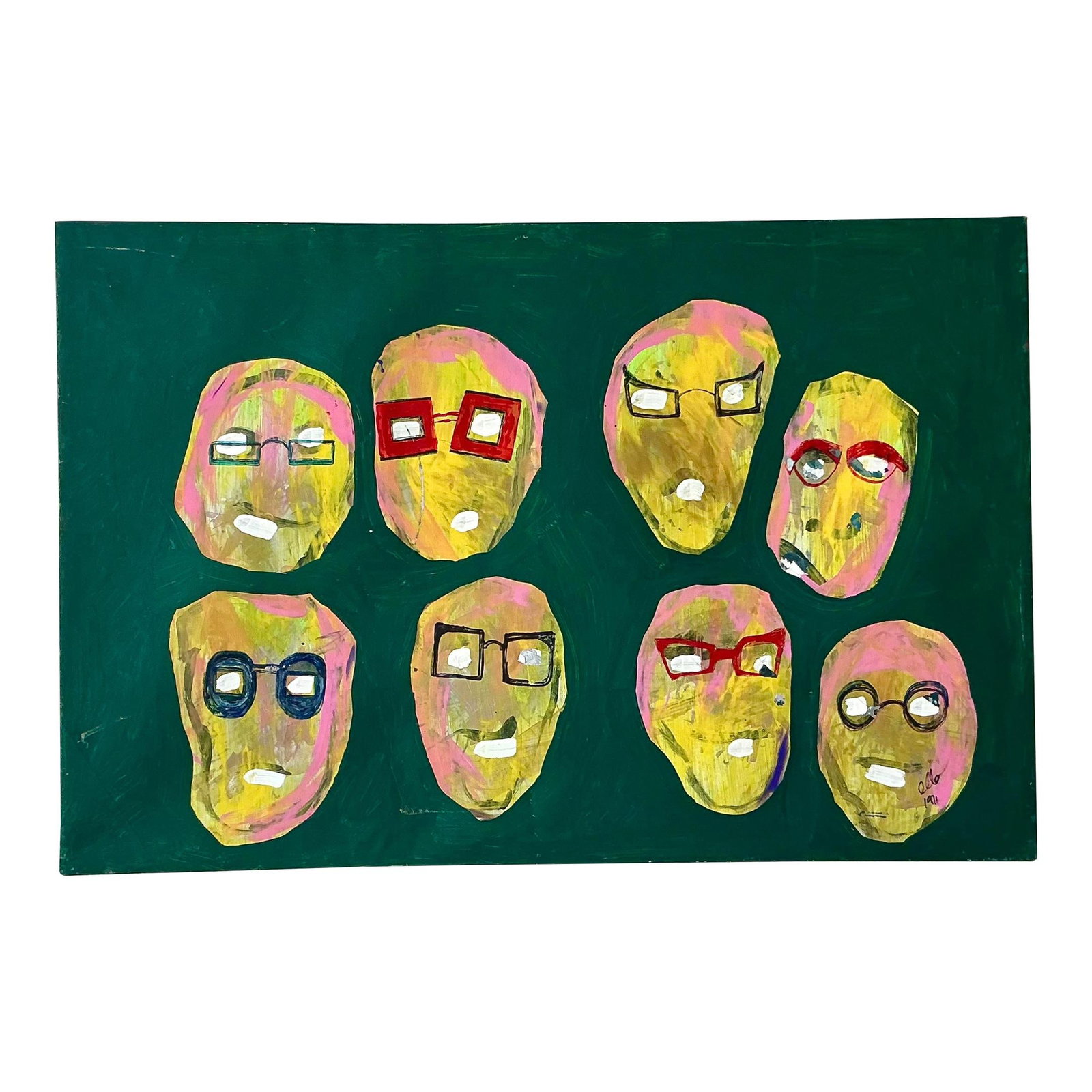 Vintage Boho Abstract Oil Painting on Canvas 36x24 Bold Green: Vintage Boho Abstract Oil Painting on Canvas 36x24 Bold Green This vibrant vintage abstract oil painting radiates personality and creative flair with its playful depiction of expressive faces against 