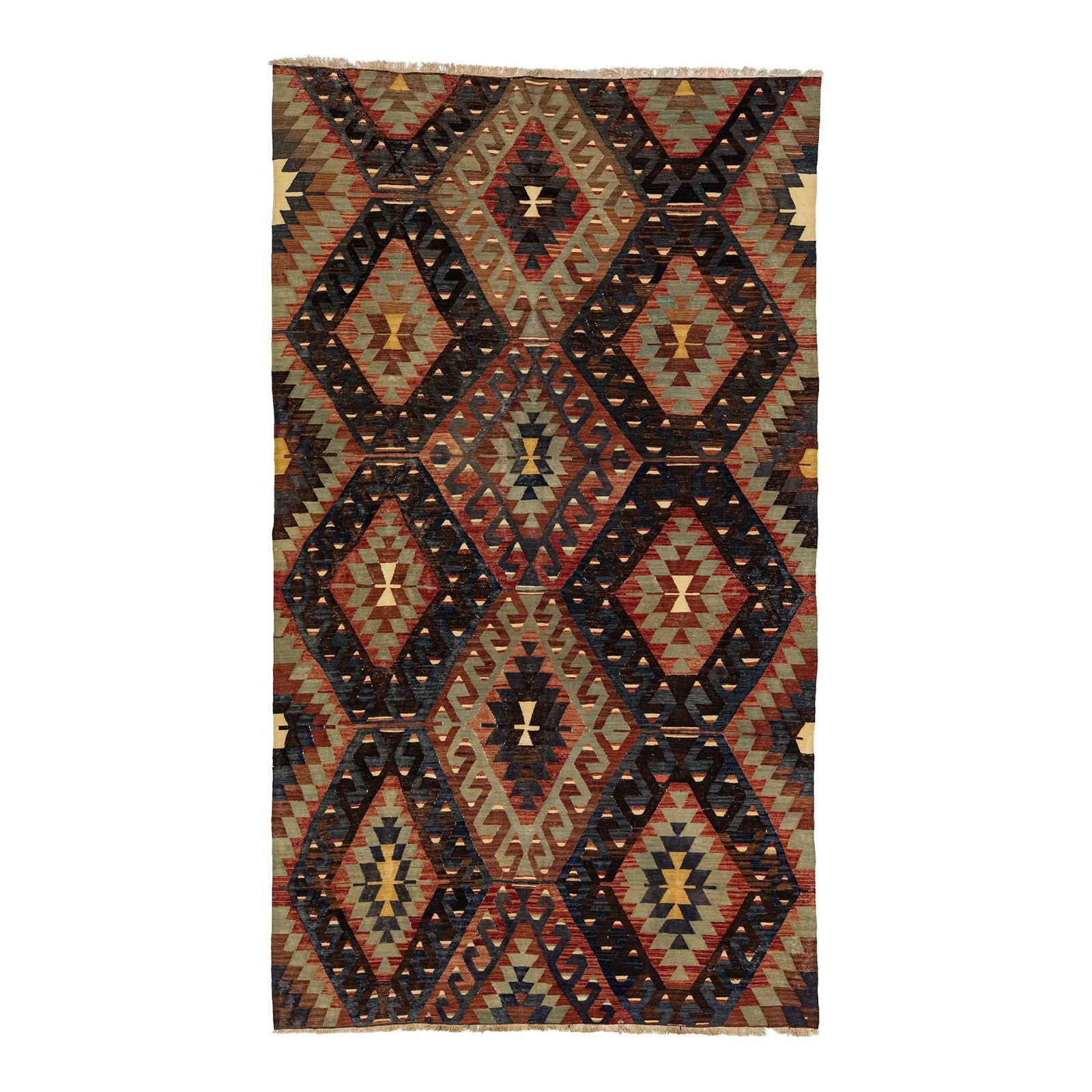 Vintage Sumakh Handmade Wool Rug 5'9" x 10" Multicolor Geometric Design: Vintage Sumakh Handmade Wool Rug 5'9" x 10" Multicolor Geometric Design Enhance your space with this stunning Vintage Sumakh hand-knotted wool rug, showcasing a vibrant multicolor geometric design. Me