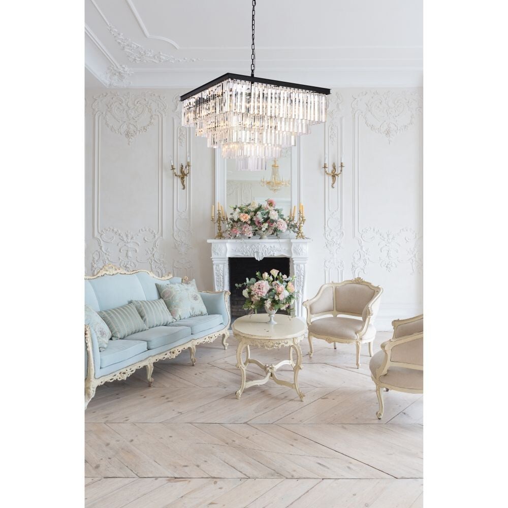 Sydney 21 Light Crystal Chandelier Matte Black 34 in: Sydney 21 Light Crystal Chandelier Matte Black 34 in Modern contemporary 21-light chandelier with a matte black finish, clear royal cut crystals, and a crystal, iron, and steel construction. It is har
