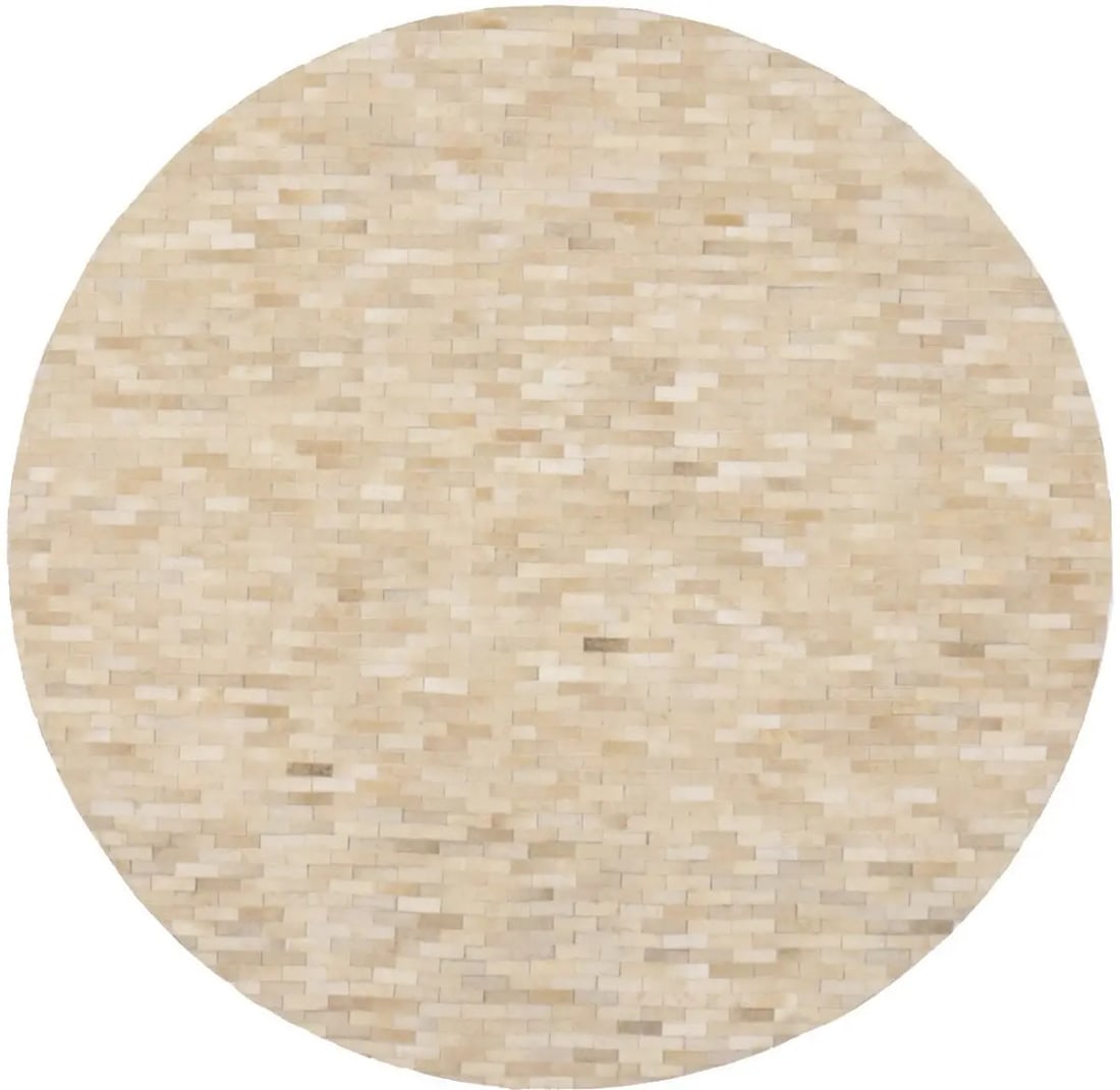 Round Geometric Leather Area Rug 6x6 ft Hand-Crafted Modern Patchwork Carpet: Round Geometric Leather Area Rug 6x6 ft Hand-Crafted Modern Patchwork Carpet This hand-stitched round cowhide patchwork rug features a modern geometric design in beige, cream, and other tones. Crafted