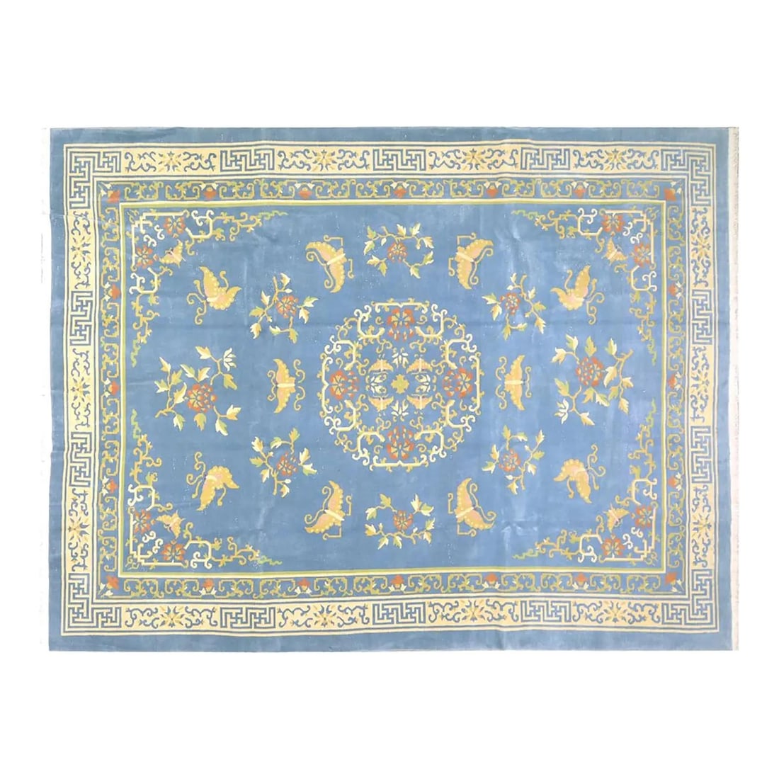 Blue Wool Hand-Knotted Art Deco Chinese Rug 8'06" x 11'04": Blue Wool Hand-Knotted Art Deco Chinese Rug 8'06" x 11'04" This vintage Chinese Art Deco rug is hand-knotted from wool using traditional rug-making techniques. It features a blend of classic craftsman