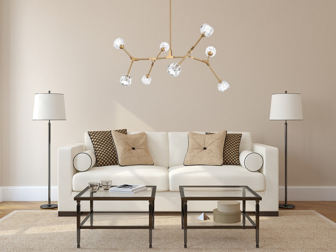 Modern 8 Light Crystal Pendant Chandelier Gold Zayne 45 in: Modern 8 Light Crystal Pendant Chandelier Gold Zayne 45 in Modern 8-light pendant chandelier with a gold finish and clear crystal shades. Designed for indoor use, it features an adjustable height, har