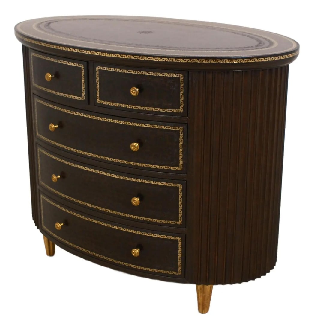Maitland Smith Oval Leather Wrapped Occasional Chest Brown: Maitland Smith Oval Leather Wrapped Occasional Chest Brown This elegant Maitland Smith Leather Wrapped Oval Occasional Chest showcases a beautifully tooled leather surface, finely crafted with quality