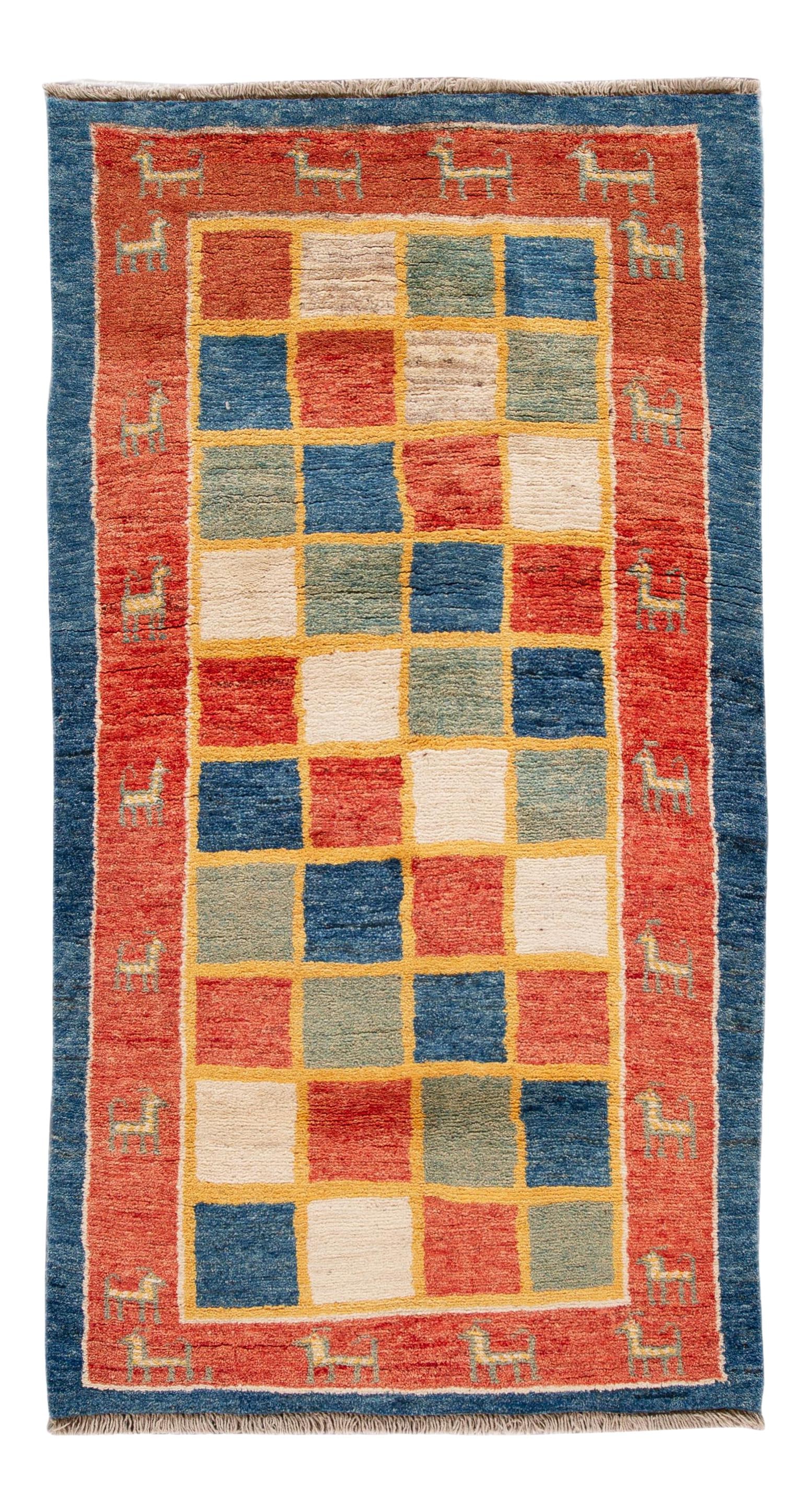 Vibrant Modern Gabbeh Wool Rug with Orange Geometric Design 4'6 x 8'3: Vibrant Modern Gabbeh Wool Rug with Orange Geometric Design 4'6 x 8'3 This stunning Modern Persian Gabbeh rug showcases exquisite craftsmanship with its hand-knotted wool construction. Featuring a vib