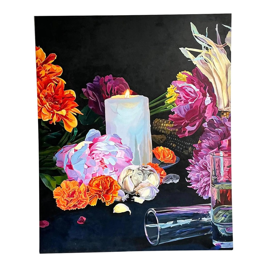 Monumental Still Life Oil Painting on Wrapped Board: Monumental Still Life Oil Painting on Wrapped Board This monumental original still life painting showcases contemporary hyper-realism on a grand scale. The composition features a luminous candle illum