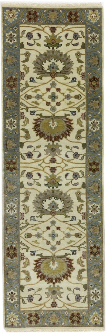 Handmade Wool Floral Runner Rug 2'6 x 7'11 Osh Chobi: Handmade Wool Floral Runner Rug 2'6 x 7'11 Osh Chobi This handmade floral Osh Chobi runner rug features a modern yet traditional design, crafted with hand-knotted wool for durability and lasting style