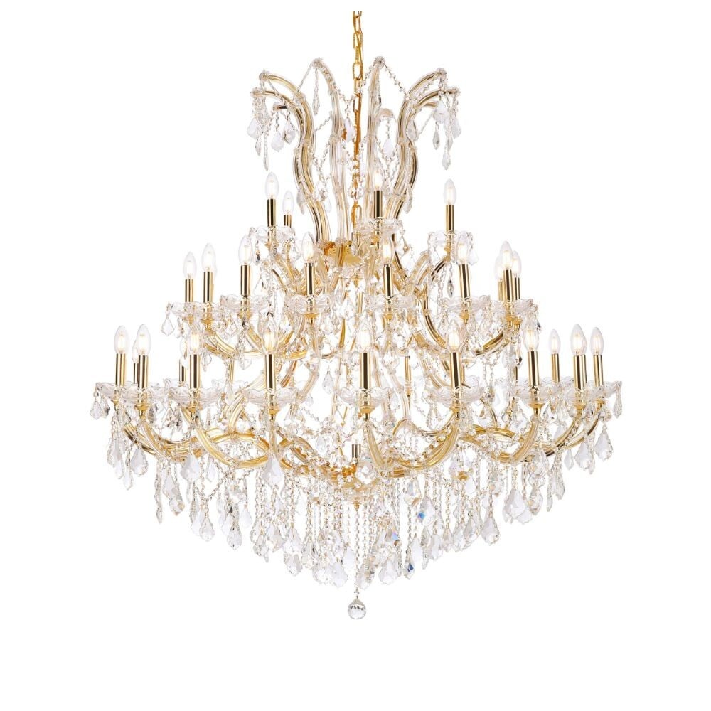 Maria Theresa Gold Crystal Foyer Chandelier 41 Light 52 Inch: Maria Theresa Gold Crystal Foyer Chandelier 41 Light 52 Inch This large Maria Theresa style chandelier features 41 lights and is crafted with K9 cut crystals and a gold plated finish. Designed for ind