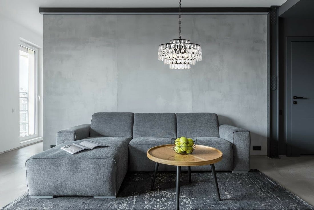 Living District Mila 5 Light Black Crystal Glass Pendant: Living District Mila 5 Light Black Crystal Glass Pendant This modern pendant chandelier features five lights with high-quality glass or crystal drops and a sleek black finish. Designed for versatility