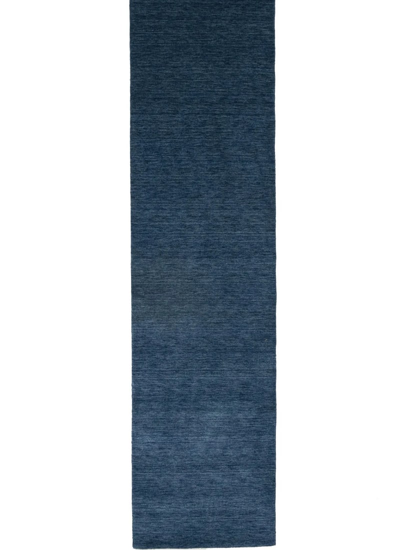 Steel Blue Hand-Loomed Wool Gabbeh Runner Rug 2'7 x 10'0: Steel Blue Hand-Loomed Wool Gabbeh Runner Rug 2'7 x 10'0 Enhance your hallway or kitchen with this elegant 2'7" x 10'0" steel blue Gabbeh wool runner rug. Hand-loomed with a solid design, this modern 