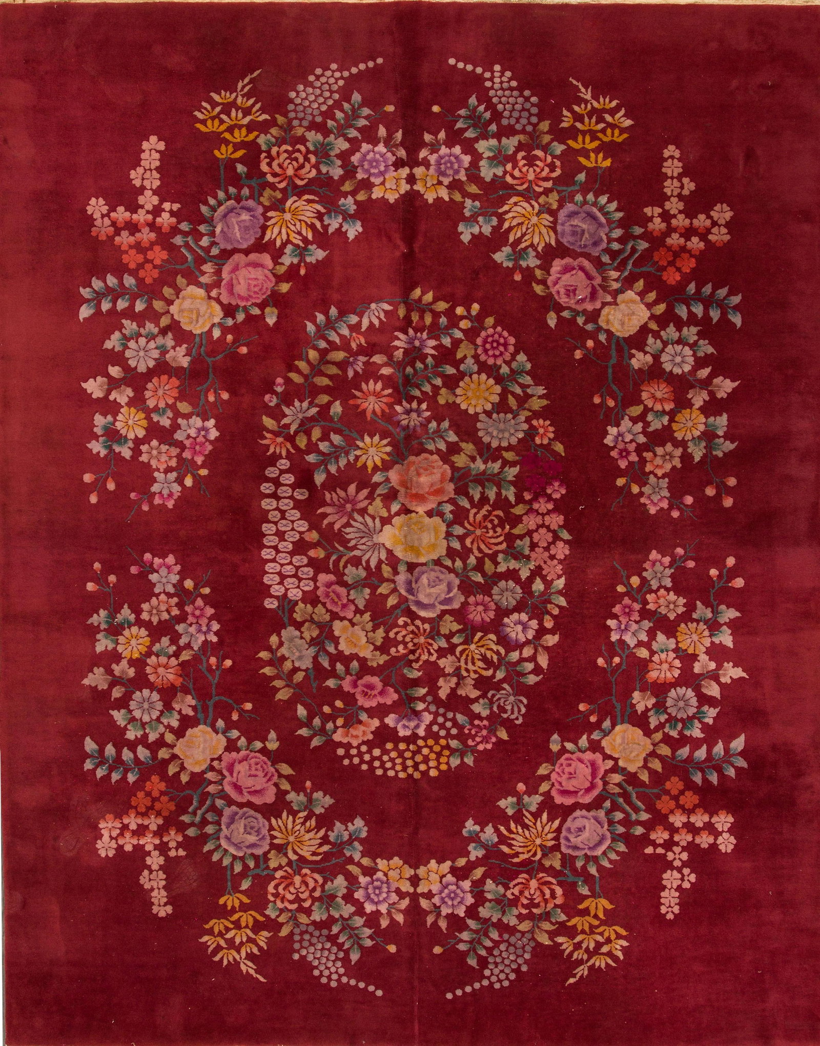 Vintage Chinese Art Deco Wool Rug Red Floral 8'11" x 11'5": Vintage Chinese Art Deco Wool Rug Red Floral 8'11" x 11'5" This exquisite vintage Chinese Art Deco rug showcases a stunning red field adorned with a multicolor all-over floral design. Hand-knotted fro