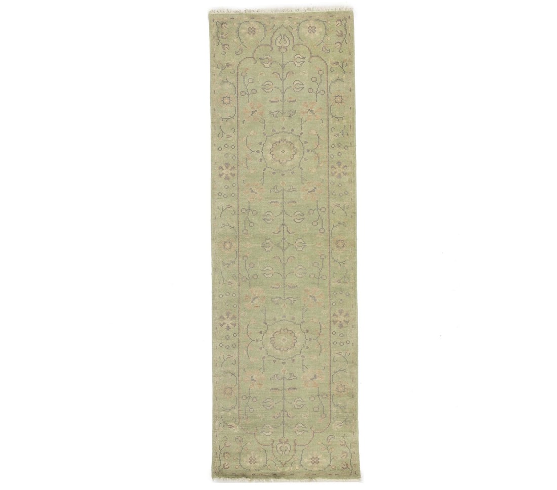 Hand Knotted Wool Floral Runner Rug 2'6 x 7'10 Muted Light Green: Hand Knotted Wool Floral Runner Rug 2'6 x 7'10 Muted Light Green This handmade runner rug features a muted light green floral pattern, crafted using hand-knotted wool. The rug has a medium pile and a 