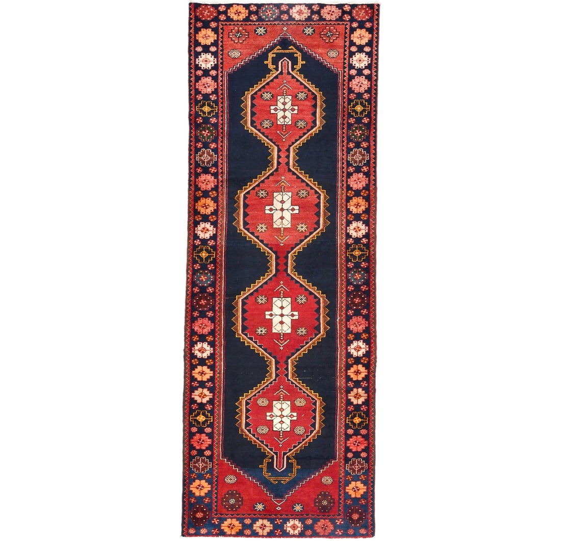 Vintage 3'5 x 9'8 Wool Runner Hand-Knotted Floral Tribal Design Rug: Vintage 3'5 x 9'8 Wool Runner Hand-Knotted Floral Tribal Design Rug This exquisite hand-knotted vintage Oriental runner rug features a stunning floral tribal design, making it a perfect addition to an