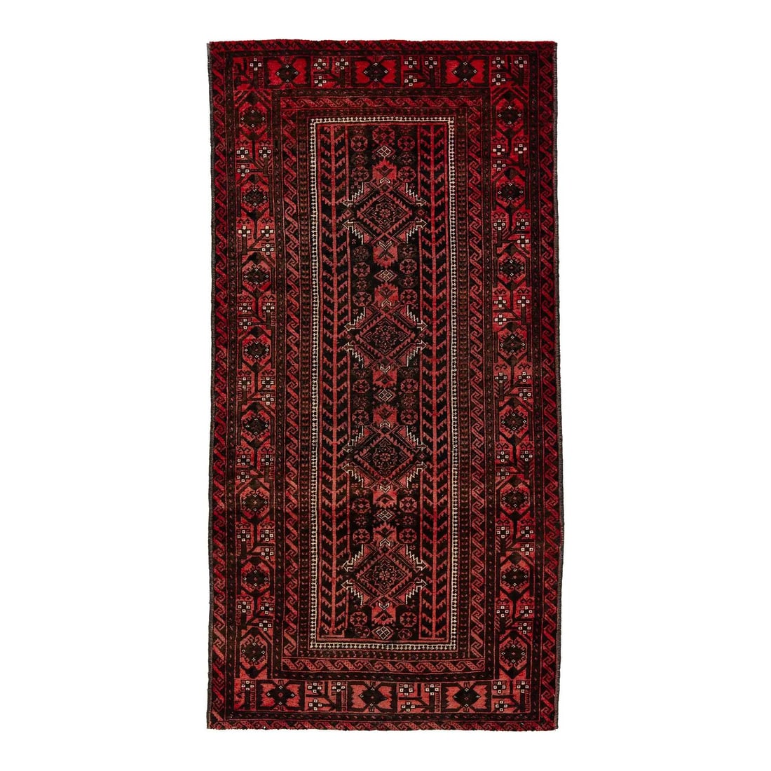 Persian Baluch Wool Runner 4'1 x 8' Tribal Red Black: Persian Baluch Wool Runner 4'1 x 8' Tribal Red Black This vintage Persian Baluch rug is hand-knotted from wool and features a rich palette of madder red, espresso brown, and charcoal black. The design