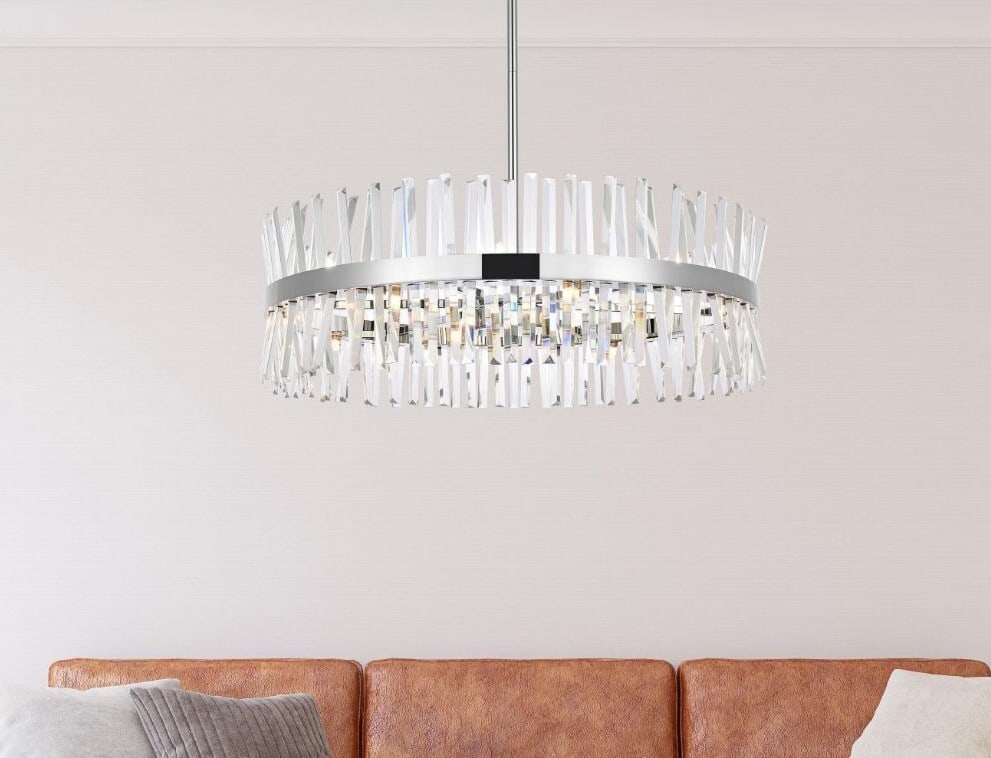 Serephina 16 Light Chrome Crystal Chandelier 36 Inch: Serephina 16 Light Chrome Crystal Chandelier 36 Inch This modern 16-light chandelier features a chrome-plated finish and high-quality crystal accents, creating a striking centerpiece for any foyer, di