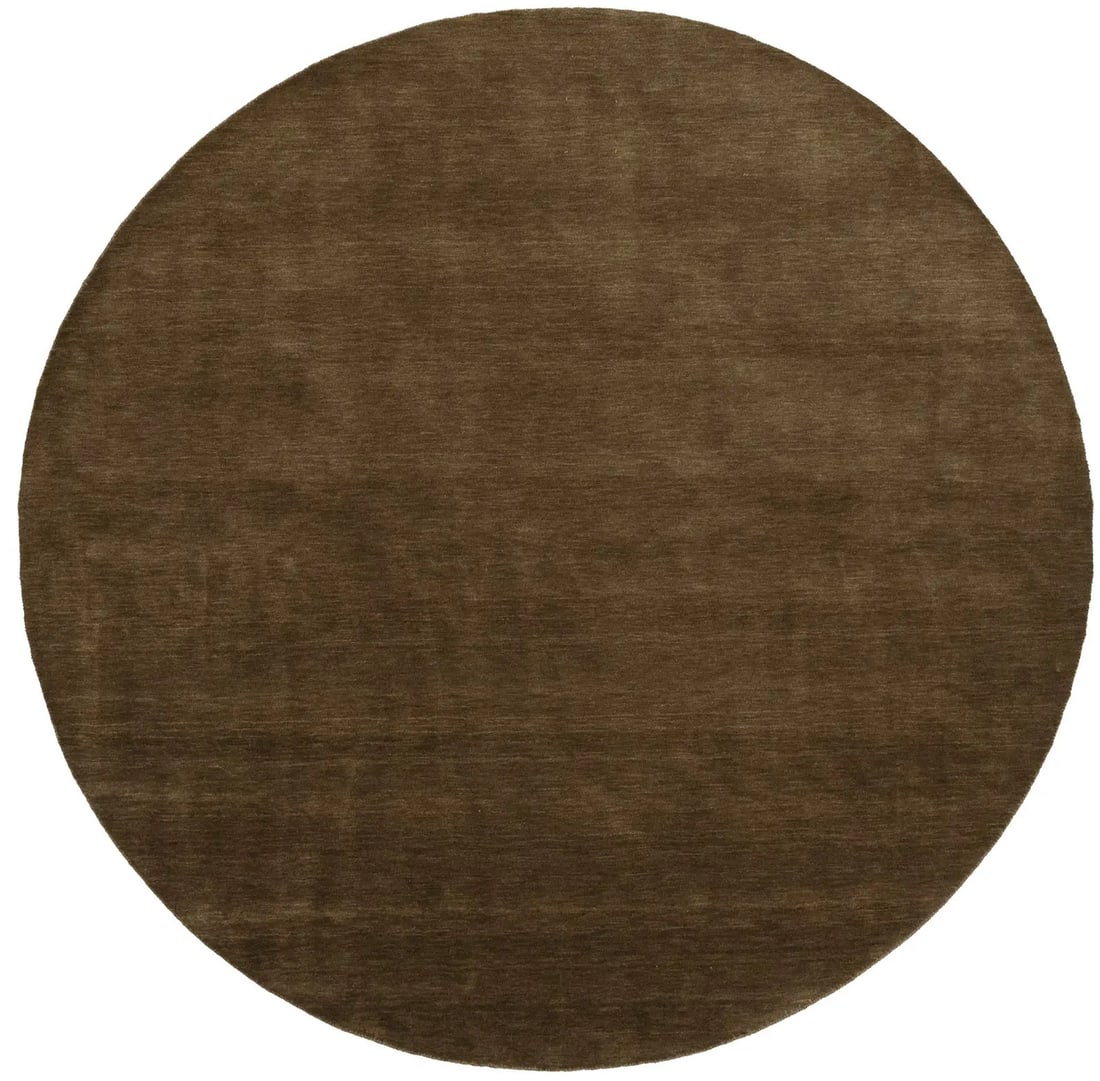 Round 7'10 Brown Wool Hand-Loomed Modern Gabbeh Style Rug from India: Round 7'10 Brown Wool Hand-Loomed Modern Gabbeh Style Rug from India This hand-loomed round Gabbeh wool rug features a solid brown color and a modern design, making it an attractive addition to dining