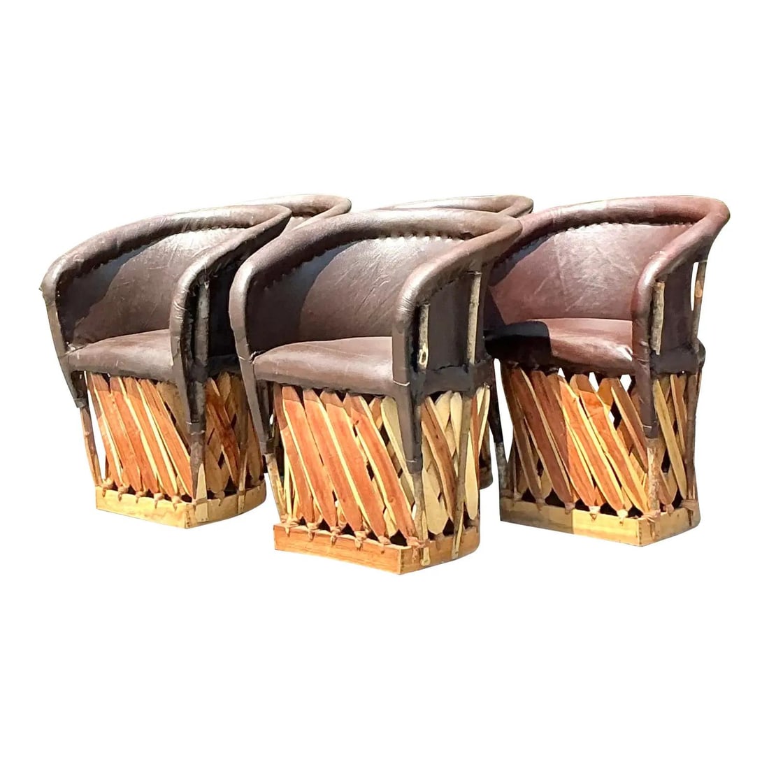 Set of 5 Vintage Boho Mexican Equipale Leather Chairs: Set of 5 Vintage Boho Mexican Equipale Leather Chairs Add a touch of rustic charm to your home with this stunning set of five Vintage Boho Equipale Chairs. These handcrafted chairs are designed in the