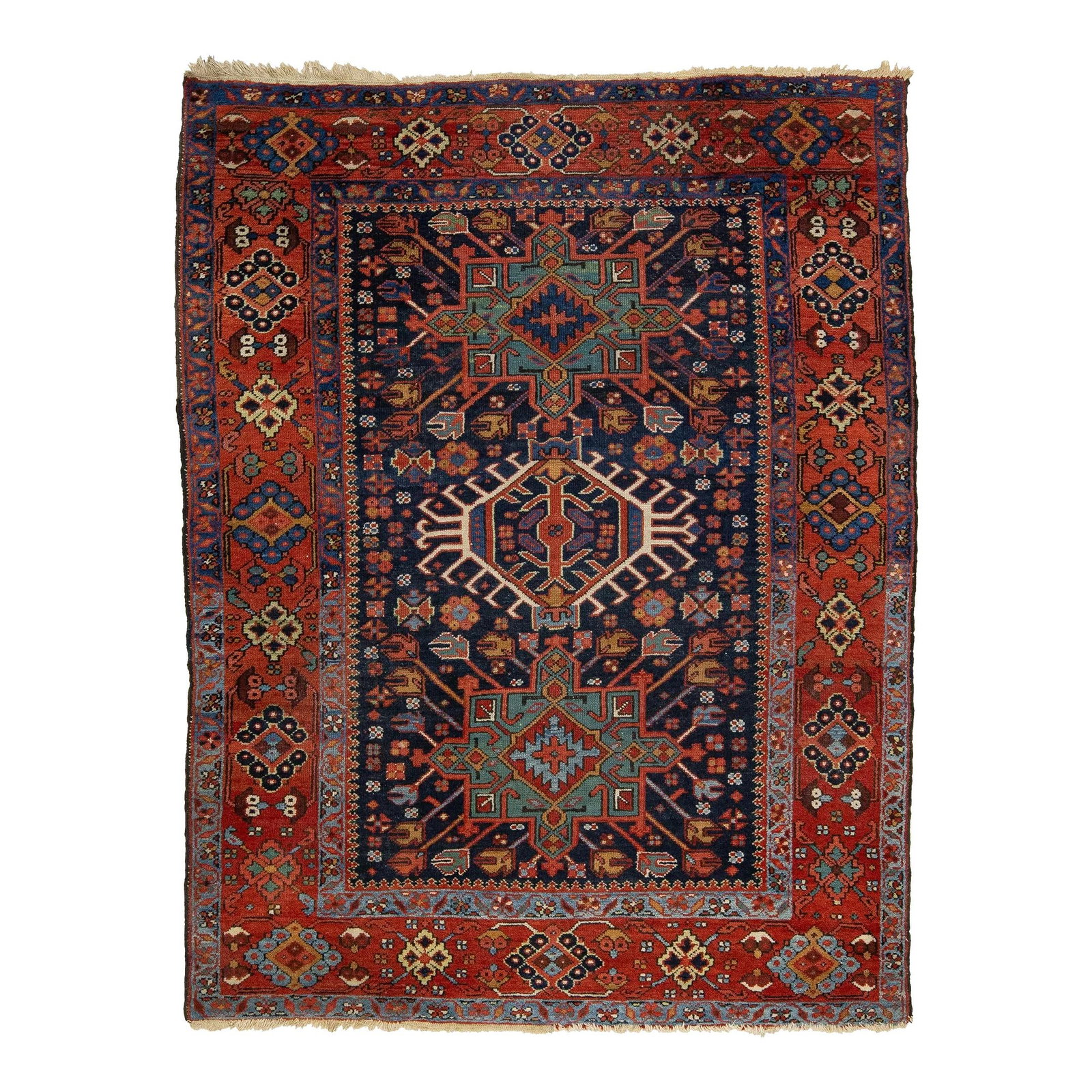 Vintage Karajah Hand-Knotted Wool Rug Blue Multi-Color Geometric 5' x 6'6: Vintage Karajah Hand-Knotted Wool Rug Blue Multi-Color Geometric 5' x 6'6 Enhance your living space with this exquisite vintage Karajah hand-knotted wool rug. Featuring a rich navy blue field adorned 