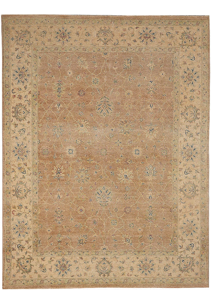 7.9 x 9.6 Warm Peach Natural Wool Chobi Peshawar Rug: 7.9 x 9.6 Warm Peach Natural Wool Chobi Peshawar Rug Free continental US Shipping This hand-knotted Chobi Peshawar rug features a warm peach background with soft beige, muted gold, and gentle ivory ac