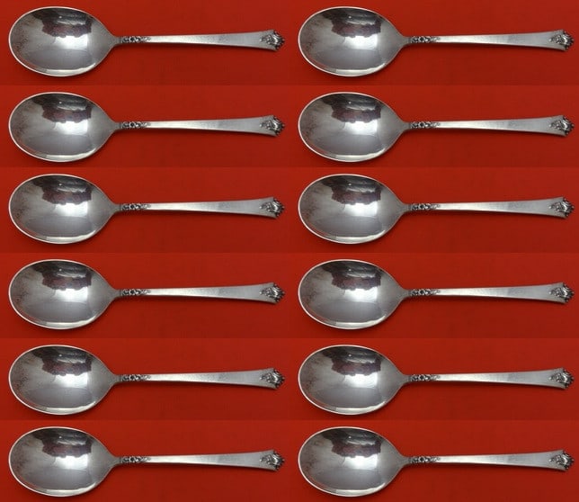 Royal Crest Castle Rose Sterling Silver Cream Soup Spoons Set of 12: Royal Crest Castle Rose Sterling Silver Cream Soup Spoons Set of 12 Discover elegance with this 12-piece set of cream soup spoons from the Castle Rose pattern by Royal Crest. Crafted from high-quality