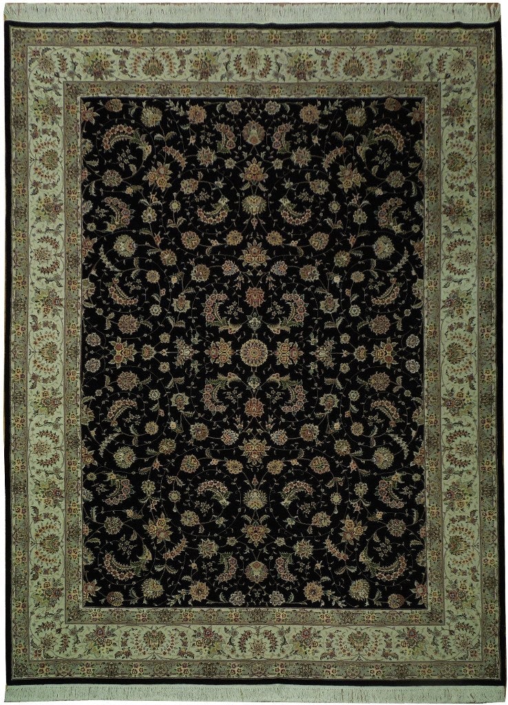 8.7 x 11.7 Black Wool and Silk Handmade Rug Elegant Hand-Knotted Design: 8.7 x 11.7 Black Wool and Silk Handmade Rug Elegant Hand-Knotted Design Free continental US Shipping This handmade rug features a blend of premium wool and natural silk, offering both warmth and a lum