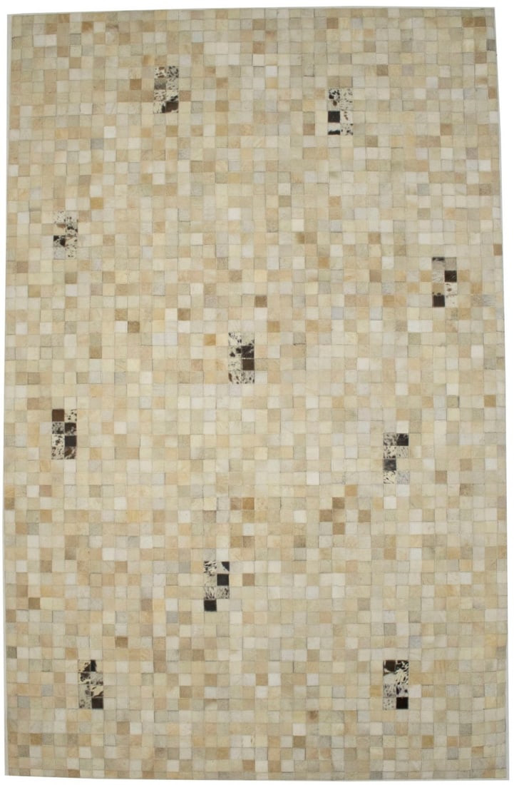 Handmade 5x8 Leather Patchwork Rug Modern Beige Brown Geometric Design: Handmade 5x8 Leather Patchwork Rug Modern Beige Brown Geometric Design This handcrafted patchwork cowhide area rug features a modern geometric pattern in beige, cream, and dark brown tones. Made from 