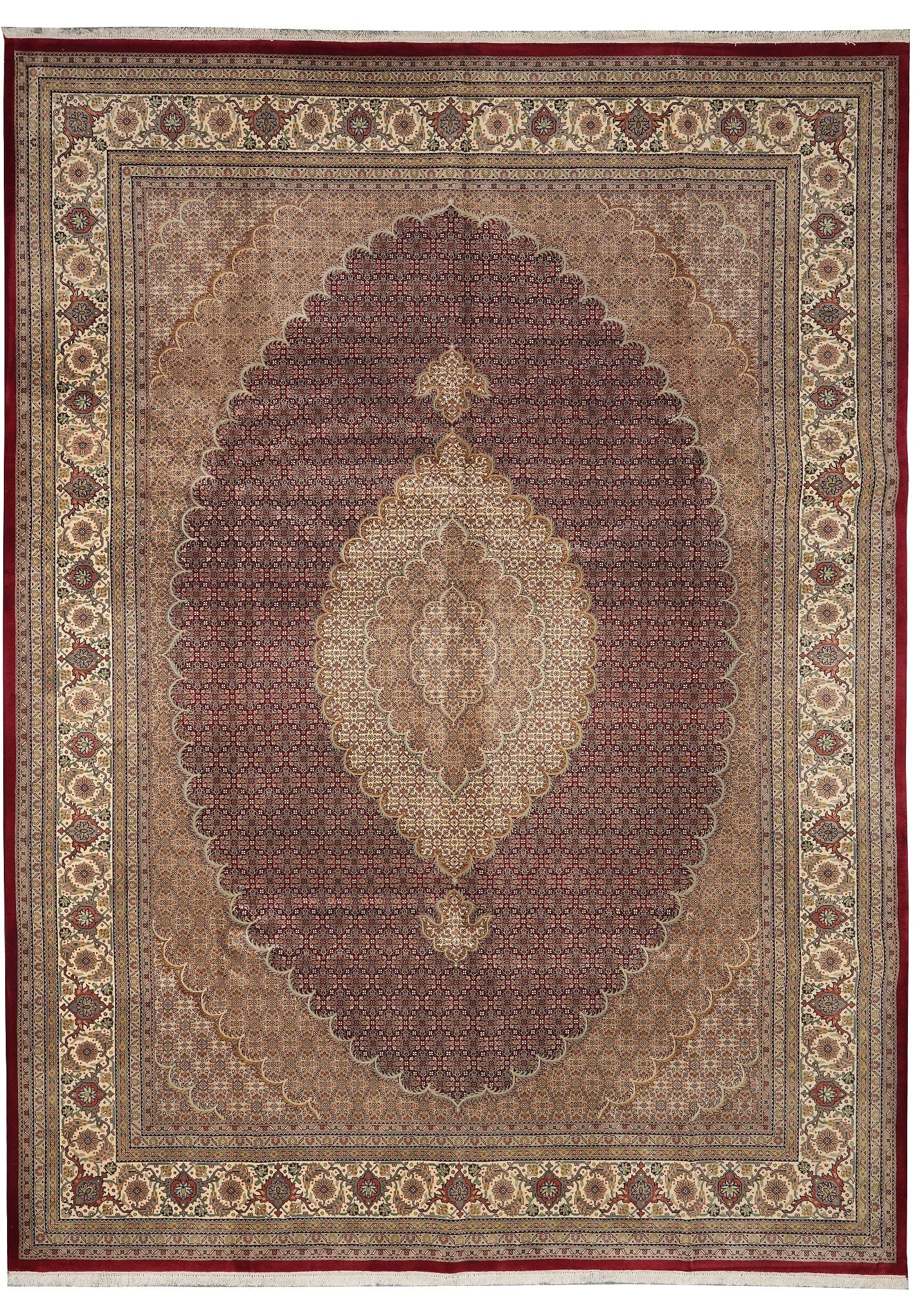 10 x 13 Hand Knotted Wool Silk Mahi Tabriz Rug Ruby: 10 x 13 Hand Knotted Wool Silk Mahi Tabriz Rug Ruby Free continental US Shipping This 10 x 13 Quality Wool and Silk Mahi Tabriz rug is hand-knotted in the traditional Tabriz style and features the cla