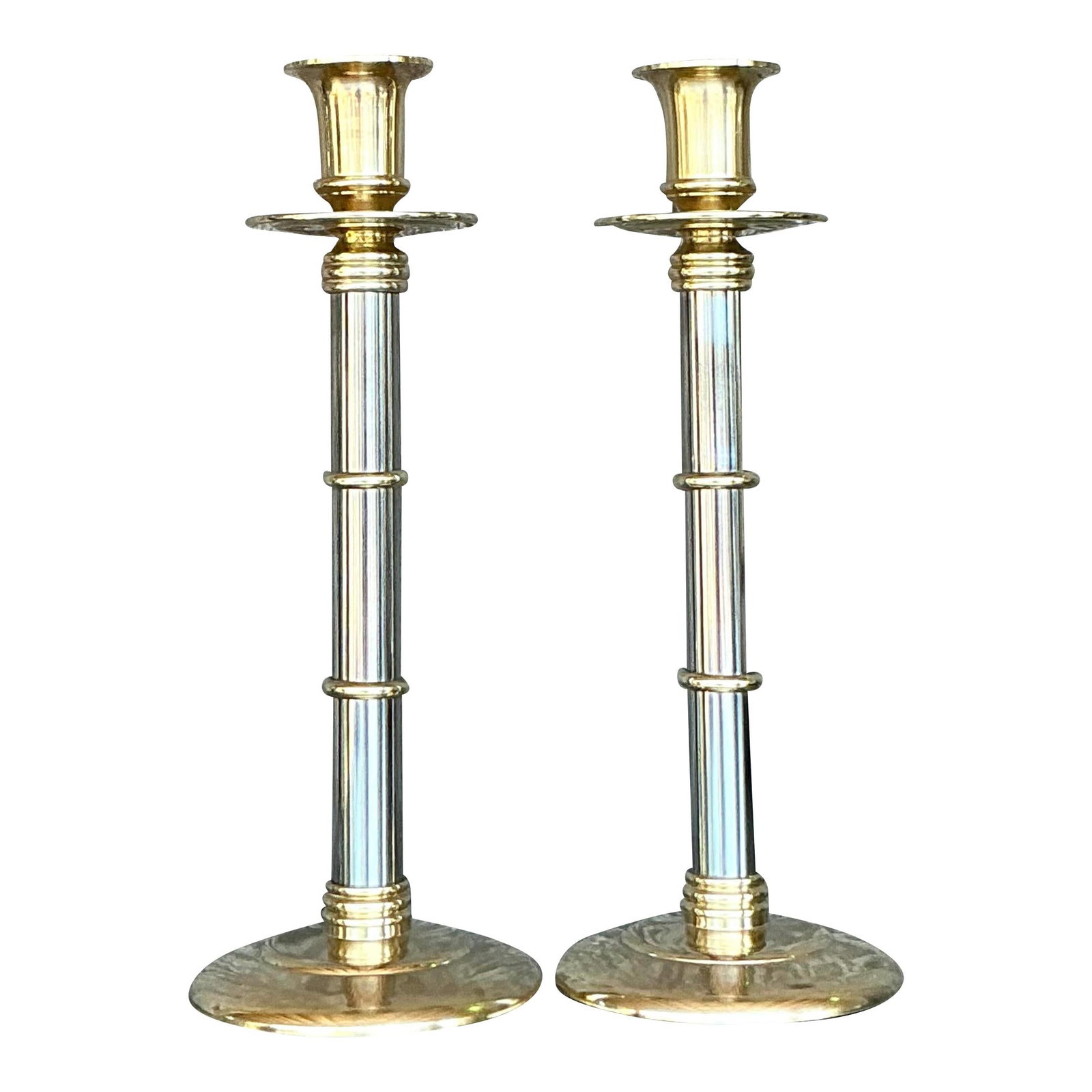 Vintage Maitland-Smith Brass and Chrome Candlesticks Set of 2: Vintage Maitland-Smith Brass and Chrome Candlesticks Set of 2 Enhance your home decor with this exquisite set of vintage Maitland-Smith candlesticks, showcasing a beautiful fusion of mid-century moder