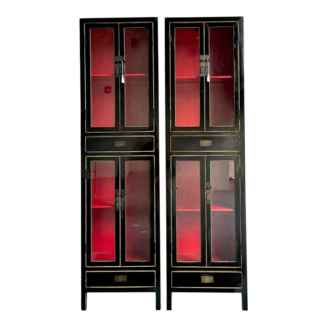 Pair of Black Lacquer Boho Display Cabinets with Gold Accents and Red Interior: Pair of Black Lacquer Boho Display Cabinets with Gold Accents and Red Interior This pair of vintage Boho Chic tall display cabinets features a striking black lacquered finish with delicate gold-painte