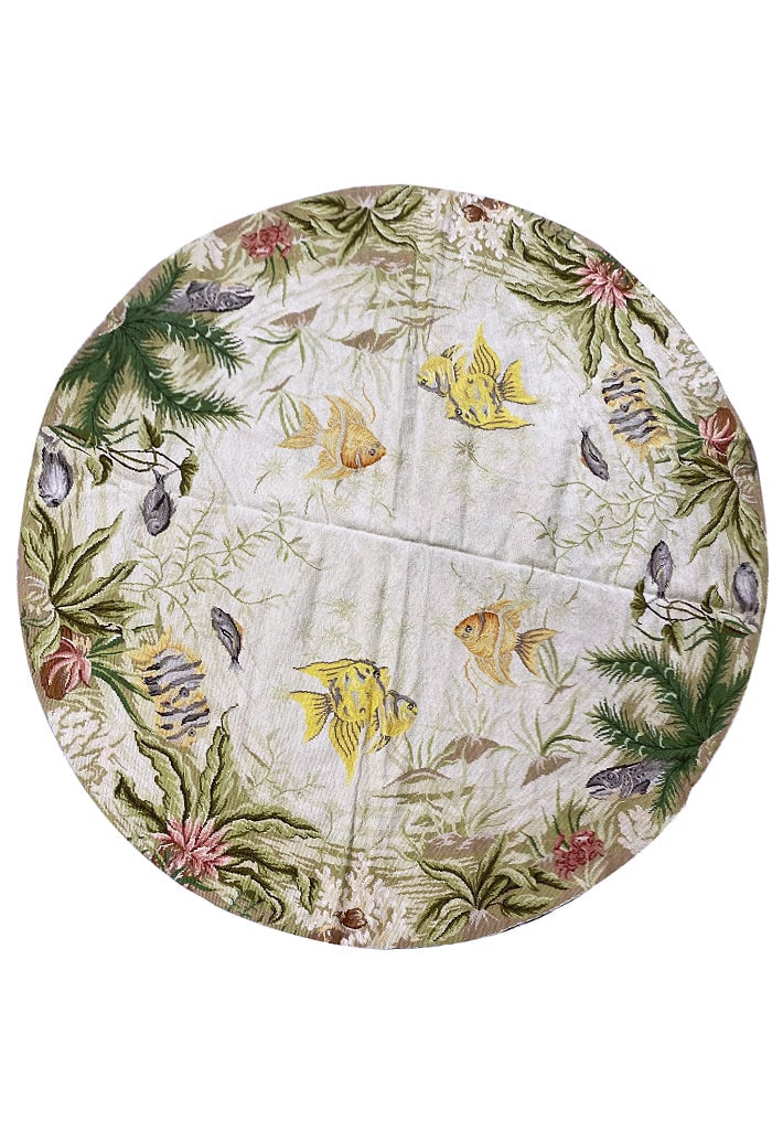 Hand Knotted 5.7 x 5.7 Round Wool Rug with Tropical Fish Design: Hand Knotted 5.7 x 5.7 Round Wool Rug with Tropical Fish Design Free continental US Shipping This 5.7 x 5.7 round hand-knotted rug features a vibrant tropical fish design, blending playful motifs with