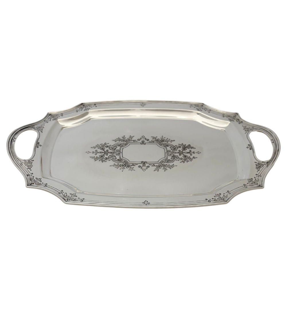 Reed Barton Sterling Silver Floral Two Handle Tray: Reed Barton Sterling Silver Floral Two Handle Tray This antique Reed & Barton two-handle tray is crafted from 925 sterling silver and features handmade floral ornate designs with a shiny, sleek finish