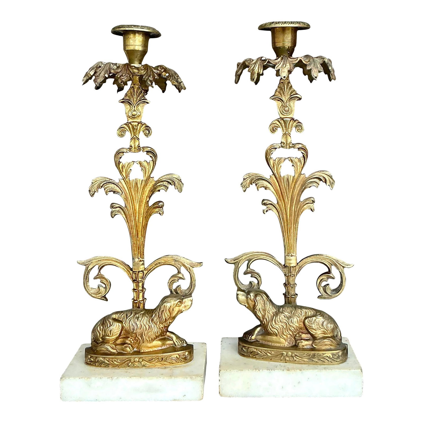 Elegant Vintage Regency Brass Dog Candlesticks Pair on Marble Base: Elegant Vintage Regency Brass Dog Candlesticks Pair on Marble Base Elevate your home decor with this exquisite pair of vintage brass candlesticks, showcasing elegant regency-style craftsmanship. Each 
