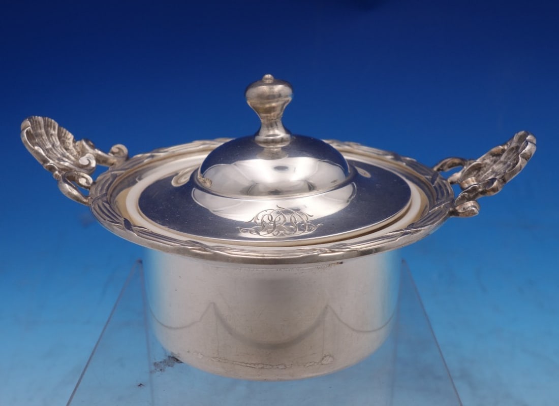 Sterling Silver Lidded Dish by Brand Chatillon Co with Glass Liner: Sterling Silver Lidded Dish by Brand Chatillon Co with Glass Liner This is a sterling silver dish with a lid and a glass liner, crafted by Brand-Chatillon Co. in the United States. The dish is marked 