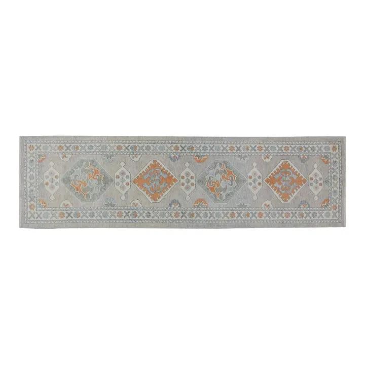 Hand-Knotted Wool Oushak Runner Rug Gray 3'1" x 11'2": Hand-Knotted Wool Oushak Runner Rug Gray 3'1" x 11'2" This Turkish Oushak rug is hand-knotted from wool using traditional techniques. The design combines classic craftsmanship with a contemporary aest