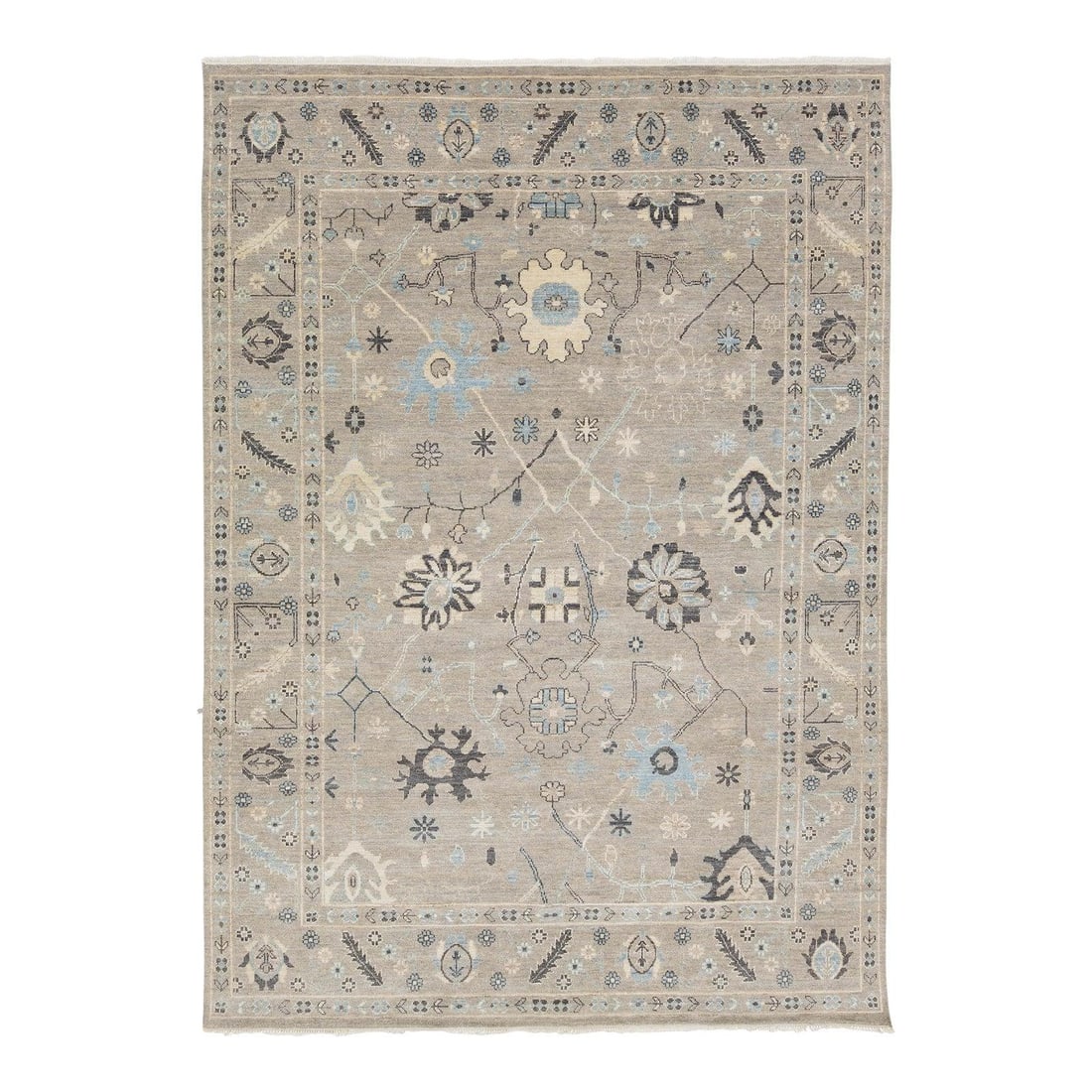 8'9" x 12'4" Hand Knotted Wool Oushak Style Rug Sage Slate Floral: 8'9" x 12'4" Hand Knotted Wool Oushak Style Rug Sage Slate Floral This Modern Oushak style rug is hand-knotted from highland wool and features a muted sage-grey field with slate blue, cream, and charc