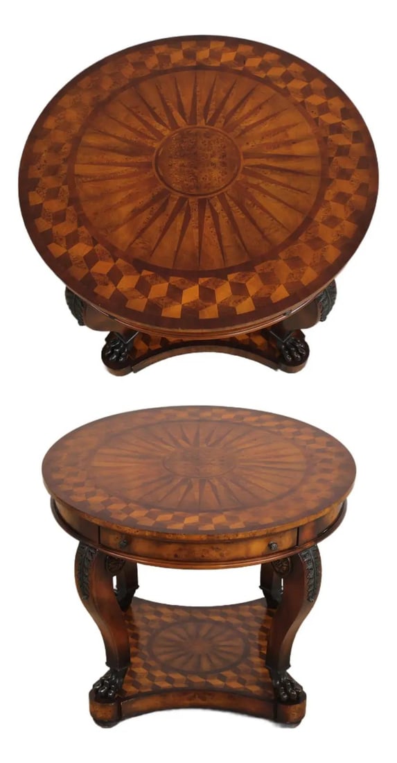 Round 2 Drawer Center Table with Sunburst Inlay Top 37w: Round 2 Drawer Center Table with Sunburst Inlay Top 37w Round center table with two drawers, featuring a sunburst inlay top and bronze ormolu trim. It is described as approximately 20 years old, with 